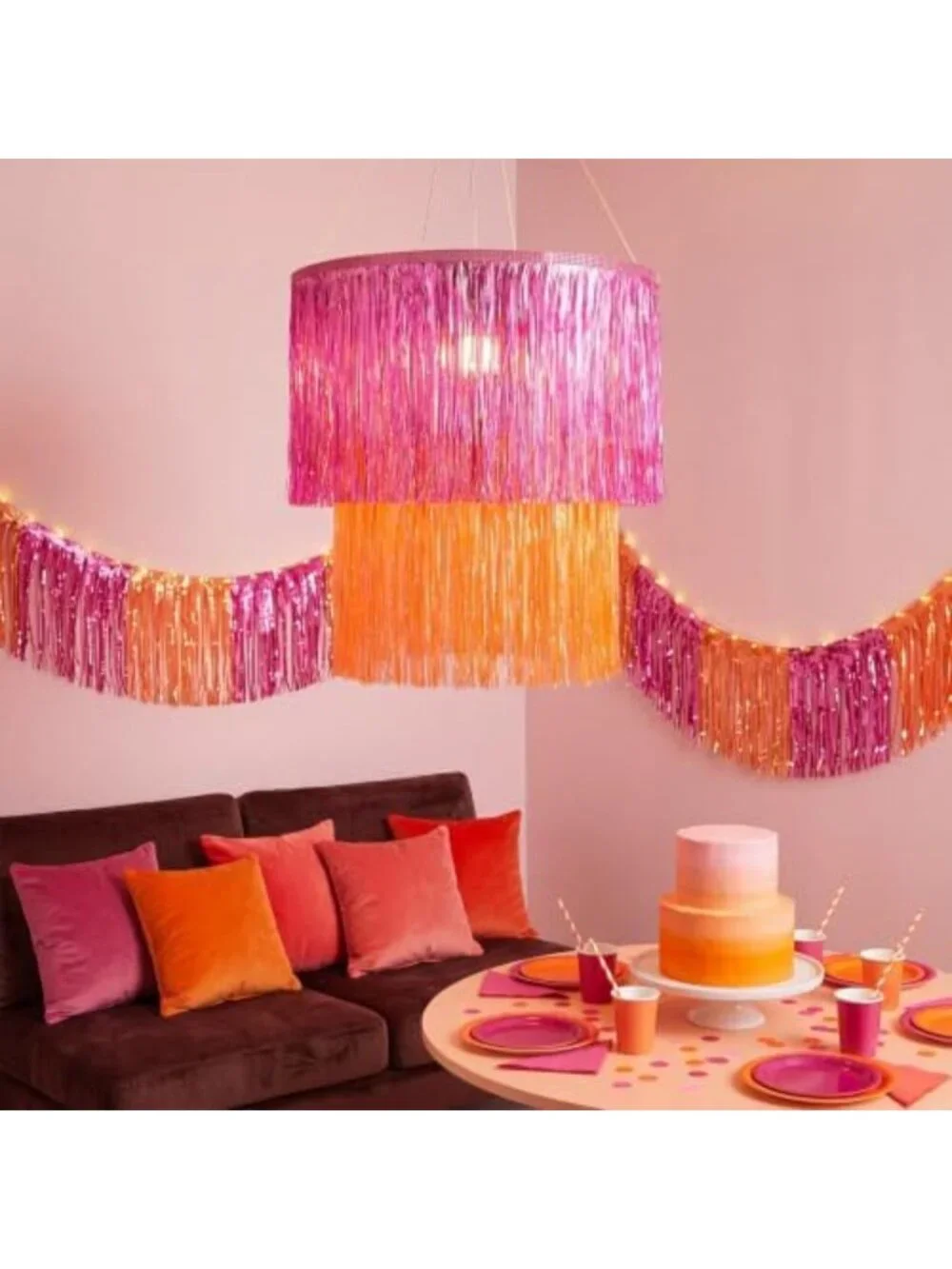 16” Pink Orange Disco Fringe Tinsel Chandelier - Vibrant Sunset Party Decor